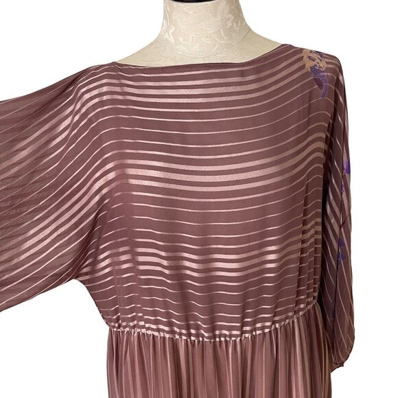 Hanae Mori Vintage 70s Womens Maxi Dress Size 12 Pink Purple Floral Chiffon - Picture 3 of 16